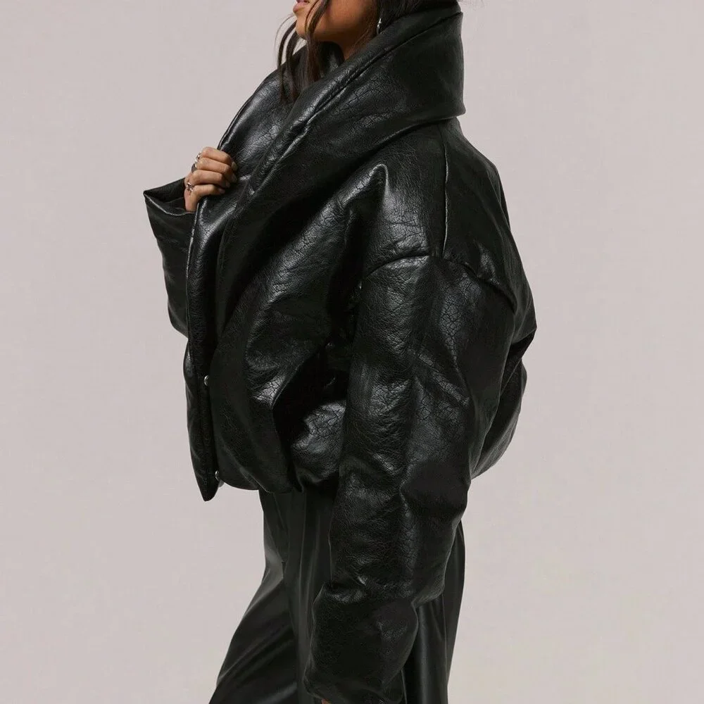 Black Casual Women's Thick Padded Faux Leather Puffer Coat - Picture 4 of 6